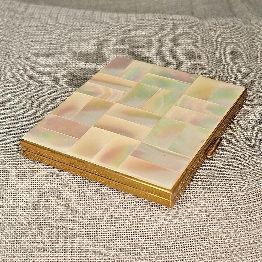 Marhill Brass Mother of Pearl Powder Compact Vintage 50s Mirror